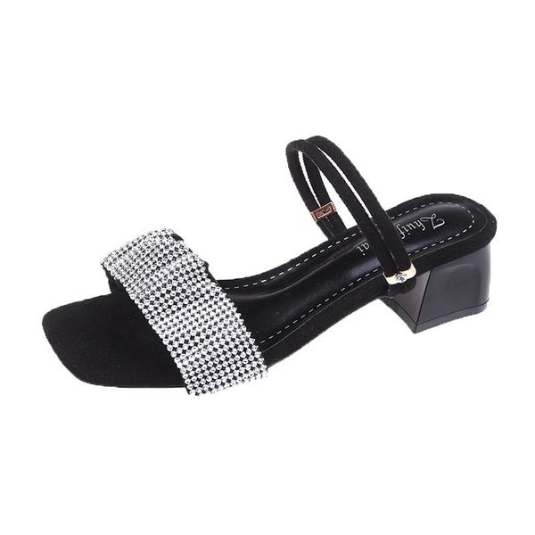 

sandals 2021 summer women's shoes slip-on solid crystal square toe fashion leisure concise med heels heel non-slip beach, Black