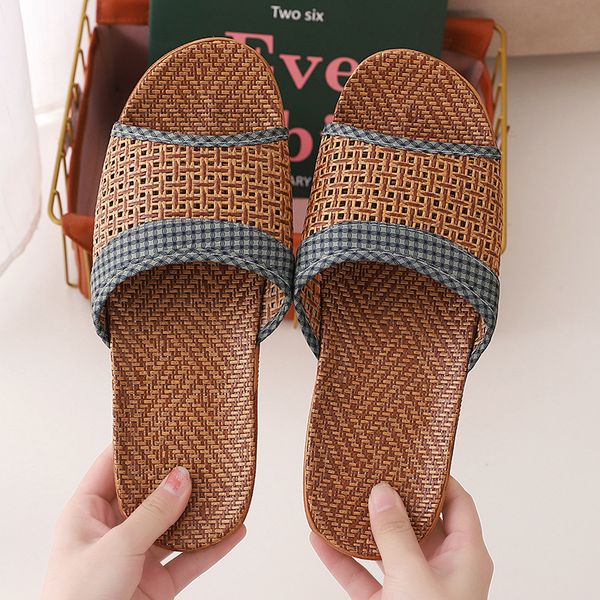 

men women slippers summer flip flop shoes sandals couple hemp flower fashion non-slip flat indoor casual house slides, Black