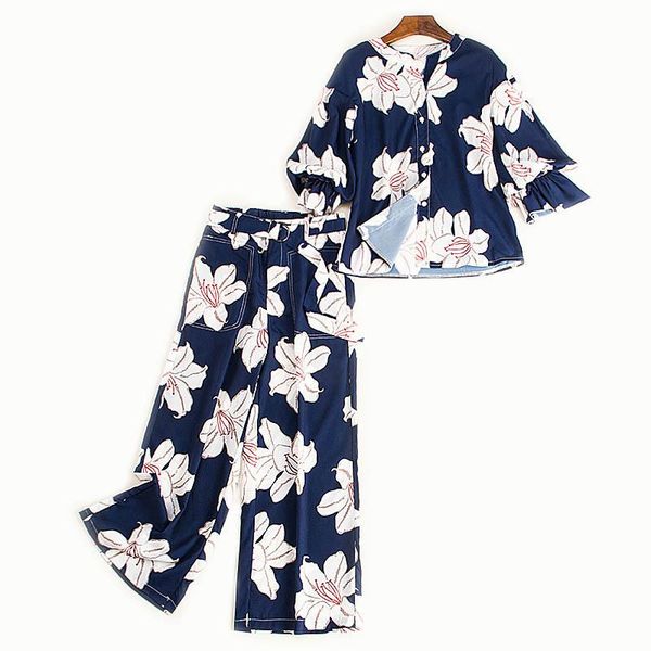 

women's tracksuits suit 2021 summer thin high waist wide leg pants two sets of lantern sleeves chiffon printing shirt two-piece, Gray