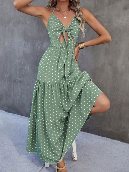 

tie front polka dot cami dress 34dn#, Black;gray