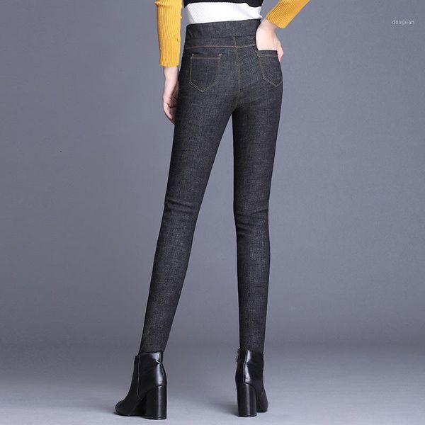 

women's pants & capris 2021 winter warm thick elastic high waist casual stretch skinny pencil jeans lady -30 degree snow trousers plus, Black;white