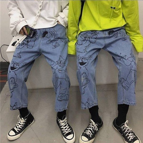

women's jeans cartoon women loose summer high waist pants streetwear pantalones mujer vaqueros japan harajuku hip hop amine, Blue