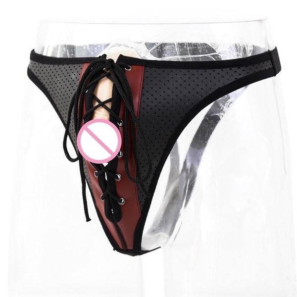 

women's panties male costume lingerie of fetish crotchless chastity leather harness hollow out jockstrap g-string with bondage rope, Black;pink