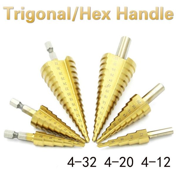 

3pcs hss step drill bit titanium coated cone metal hole cutter 4-12/20/32mm hex tapered power tools accessories professional bits