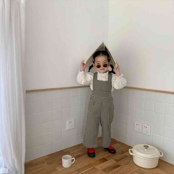 

spring girl overalls casual black and white plaid loose, Blue