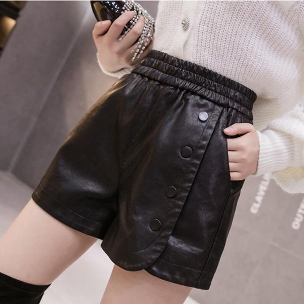 

women's shorts fall elastic high waist pu leather women fashion casual black pants female elegant pockets a line biker mujer, White;black