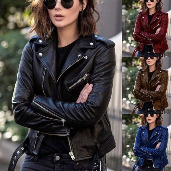 

women cool girl faux leather jacket long sleeve zipper fitted coat fall short lady cardigan collar motor biker outerwear women's jacket, Black;brown