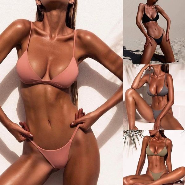 

summer women push up bikini set solid color spaghetti straps bathing suit 831c two-piece suits
