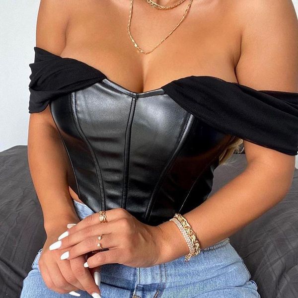 

women's tanks & camis cryptographic pu leather bustier corset off shoulder chiffon white strapless female cropped women clothe