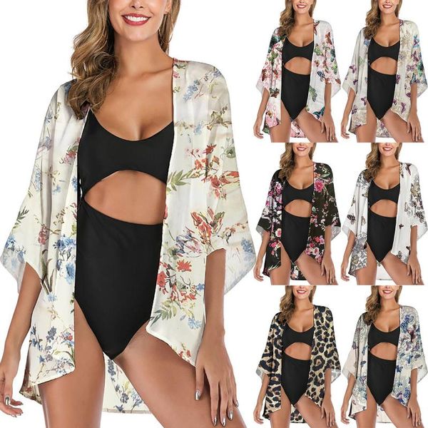 

women's swimwear women chiffon floral print kimono loose half sleeve shawl cardigan cover up woman long shirt dress cotton korean clot, White;black