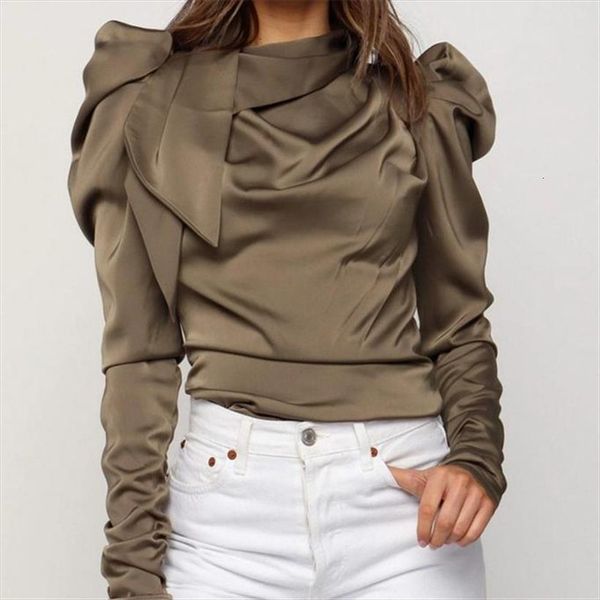 

fashion autumn solid color bow women shirts puff long sleeves o neck wear casual stain silk fall, White