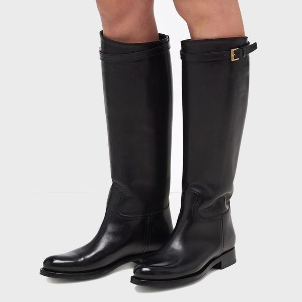 

boots fashion cow leather metal buckle knee high woman spring round toe flats heels slip on, Black