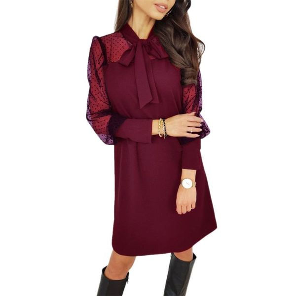 

elegant women bow tie neck dress office lady dot mesh sleeve straight spring fall female red knee-length dresses casual, Black;gray