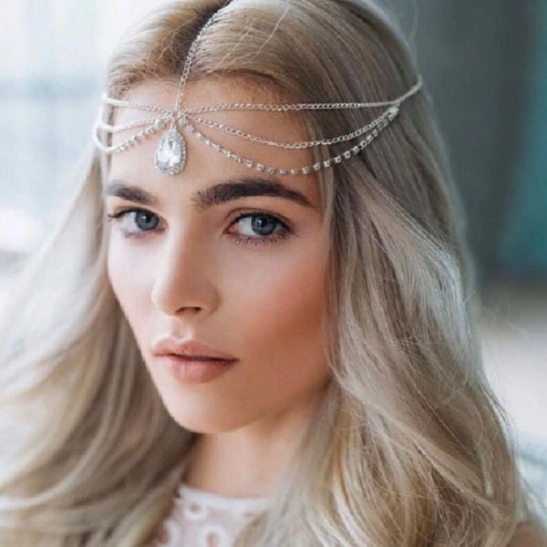 Fascia per capelli da sposa Catena per capelli sulla fronte Gioielli vintage Accessori per capelli con strass di cristallo Corona da principessa Tiara Copricapo da regina Argento