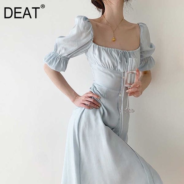 

[deat] summer fashion square collar high waist drawstring short sleeve solid color loose elegant dress 13q208 210527, Black;gray