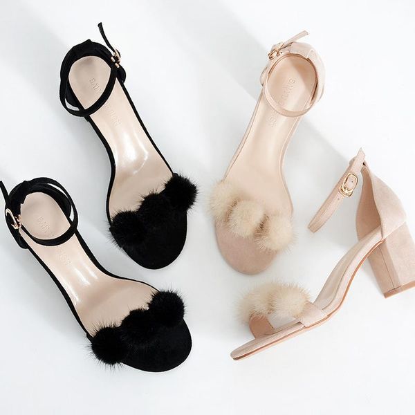 

hair fur sandals ladies shoes 2021 square heel high heels plush woman zapatillas mujer dress, Black