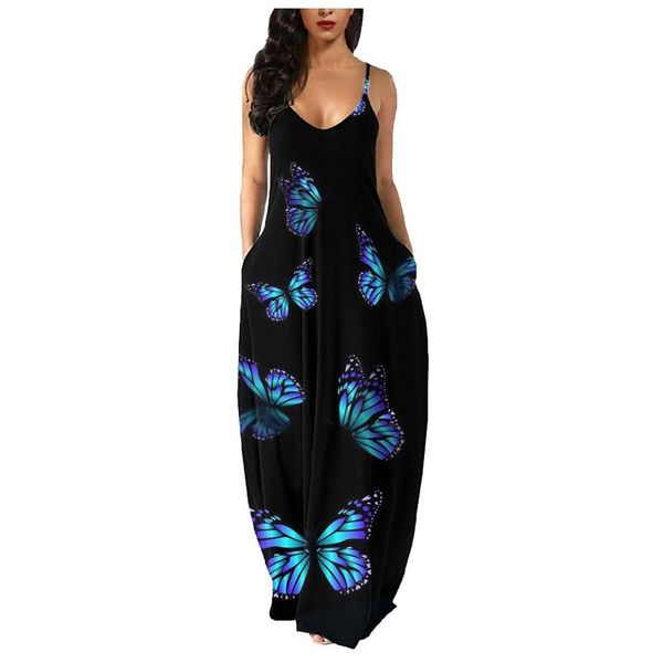

casual dresses plus size maxi for women summer ladies fashion butterfly printed long beach sling dress 2021 deep v-neck, Black;gray