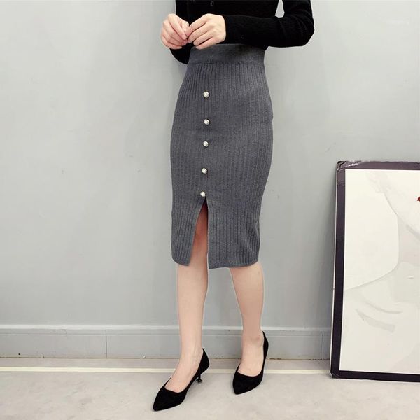 

skirts fashion wild solid color button slit bodycon skirt slim casual high waist knee-length for women, Black