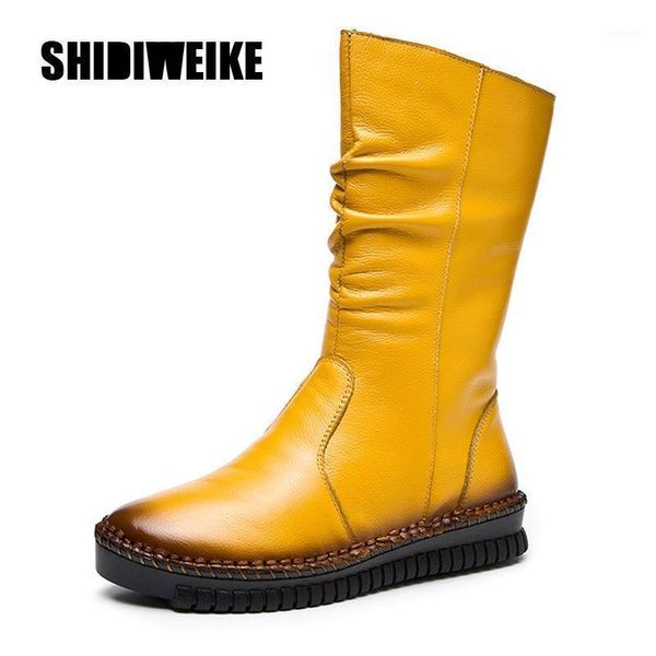 

boots 2021 fashion women mid-calf winter warm genuine leather flat side zipper casual v87411, Black