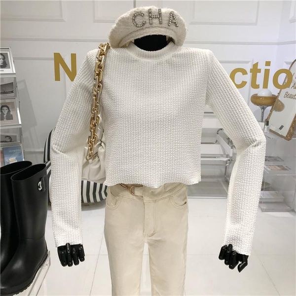 

women's t-shirt solid long sleeve spring 2021 niche design round neck simple slim bottom shirt short top, White