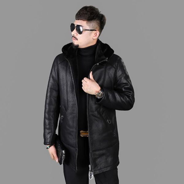 

men's leather & faux original ecological fur one clothes 2021 hooded detachable jacket slim coat windbreaker, Black