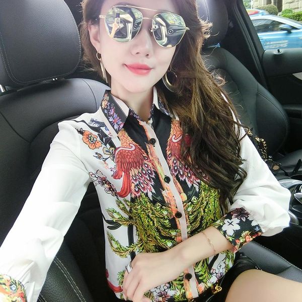 

spring and autumn printed long sleeved women clothing turn-down collar vintage streetwear single-breasted shirts women's blouses, White