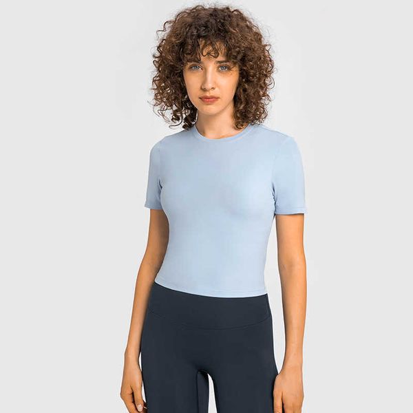 Cor sólida simples linha média split yoga tops roupas elegante camisa versátil casual esportes de manga curta mulheres t-shirt