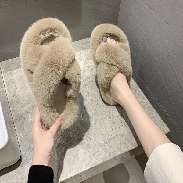 

winter women house furry slippers fashion faux fur warm shoes slip on flats female cross band ladies fuzzy, Black