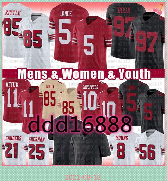 

5 trey lance 85 george kittle 97 nick bosa jimmy garoppolo football jersey mens women youth 11 brandon aiyuk 7 colin kaepernick javon kinlaw, Black;red