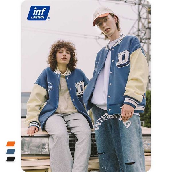 

inflation baseball varsity jacket men uk streetwear color block vintage baseball coat thick fleece bomber jacket men 220124, Black;brown