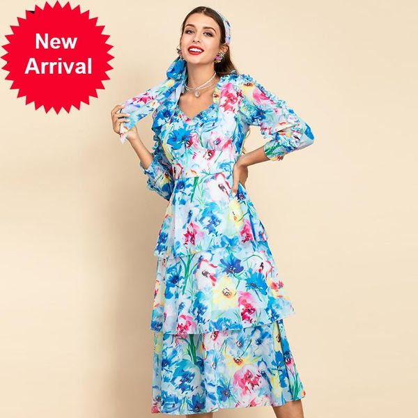 

summer women fashion runwayÂ cake dress lantern sleeve ruffles floral print slim fit ladies midi dresses casual, Black;gray