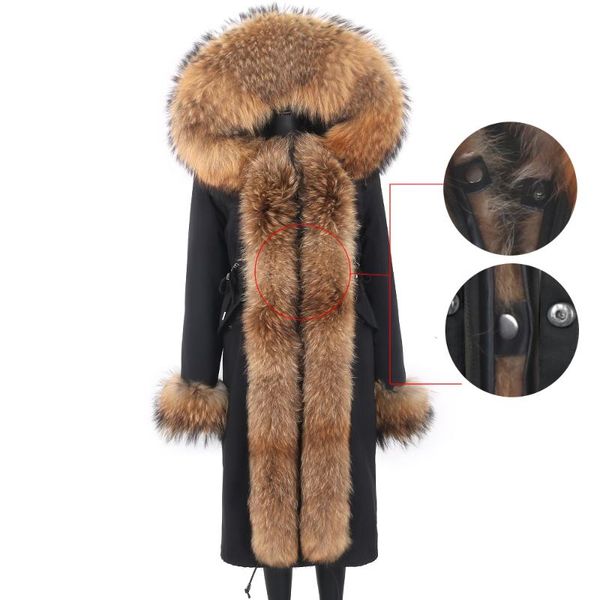 

women's fur & faux 2021 x-long waterproof detachable parka winter jacket women real coat natural collar hood big outerwear, Black