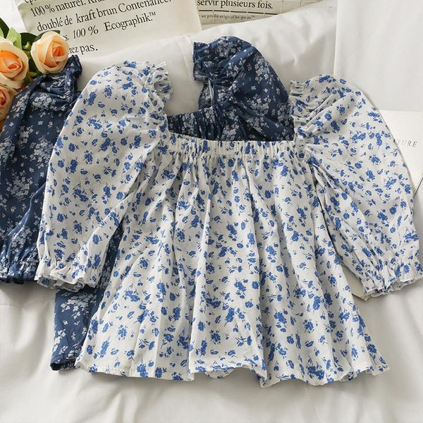 

women's t-shirt 2021 summer square collar shirt female floral bubble sleeve t woman, White