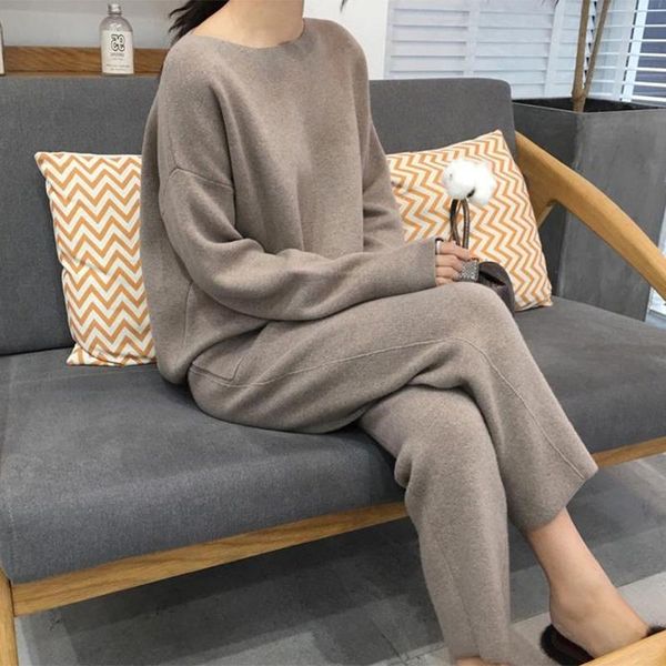 

two piece dress women sweater knitted warm suit and pant sets slim tracksuit 2021 autumn fashion sweatshirts sporting female, White