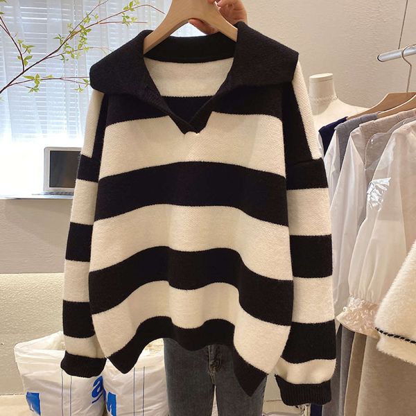 

autumn style loose polo sweater striped women, White;black