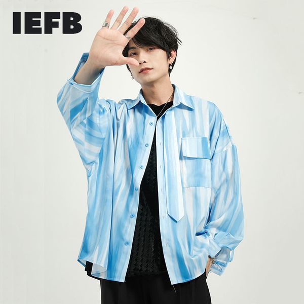 

iefb men's clothing spring korean false tie design long sleeve shirts for male oversized casual single breasted blouse 210524, White;black