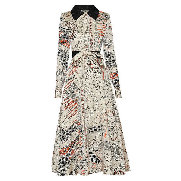 

excellent quality est designer runway long sleeve retro printed belted mid-calf dress 210526, Black;gray