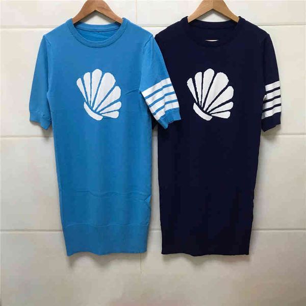 

2022 factory wholesale new model tb2020 spring and summer pattern fashion ice silk round neck short sleeve knitted slim dress, White;black