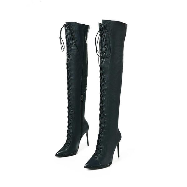 

boots qplyxco2021 genuine leather women pointed toe autumn winter thigh high lace up thin heels over the knee, Black
