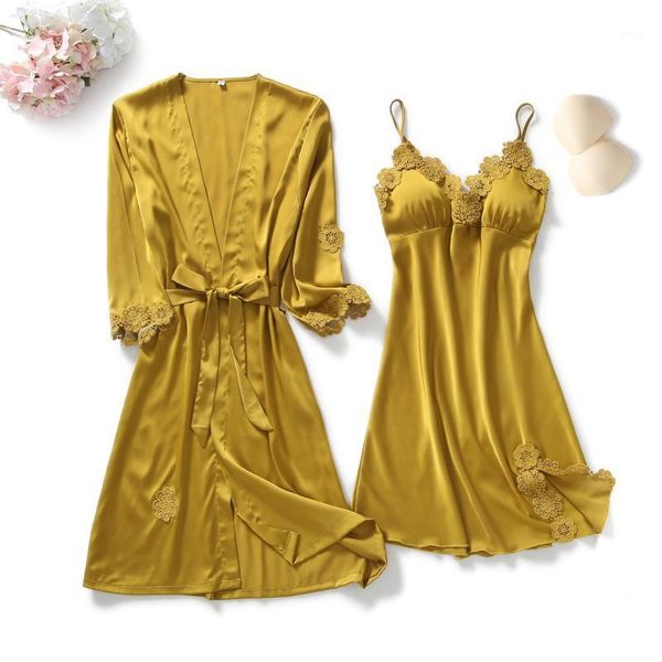 Feminino sleepwear vestes amarelas terno outono mulheres camisola conjuntos 2 peças nightdress roupão de banho com pad de peito feminino cetim quimono vestido de banho sl