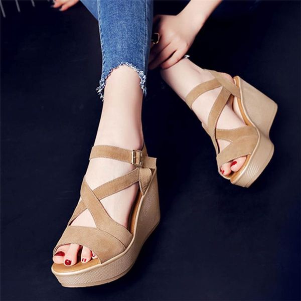 

sandals women ladies fish mouth non-slip platform slope high heels buckle strap outdoor style for, Black