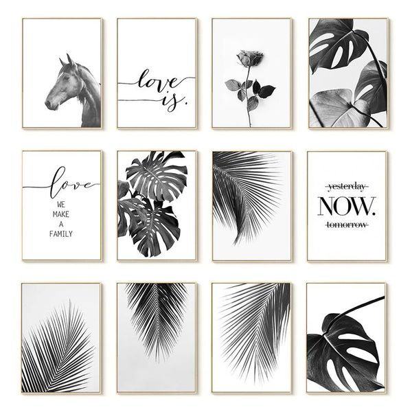 

paintings modern wall art canvas black and white palm leaves plant horse painting bedroom living room home decor aesthetic poster pictures