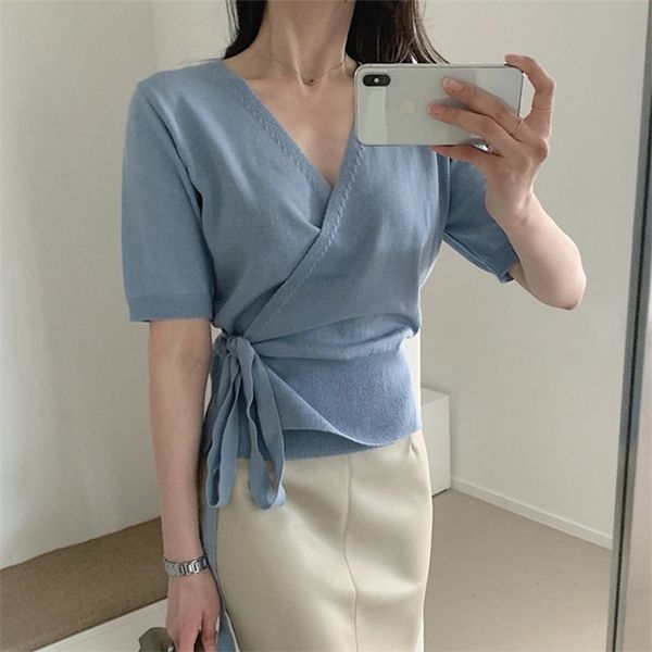 

woman short sleeve knit korean fashion casual crop v-neck sweater womens cardigan summer knitted solid 210514, White;black