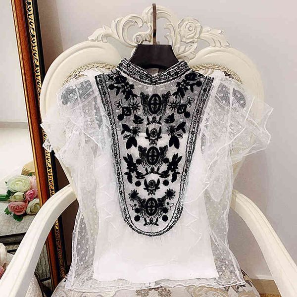 

suits blouses two-piece female mesh splicing retro stand collar ruffles short sleeve shirt blusas, White;black