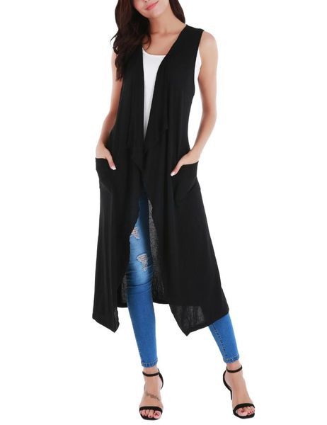 

women's vests long open front cardigan vest with pockets and belt, Black;white