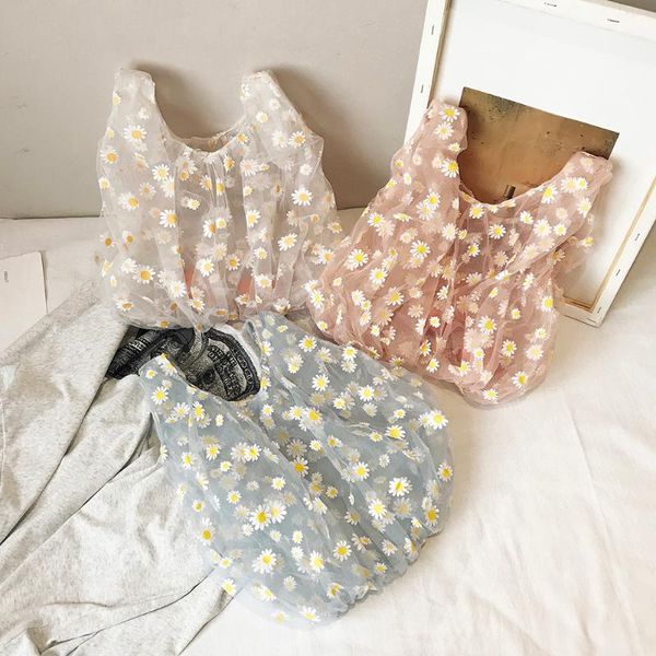 

storage bags women small transparent tote mesh cloth bag daisy embroidery handbag cute flower tulle fruit purse shopping