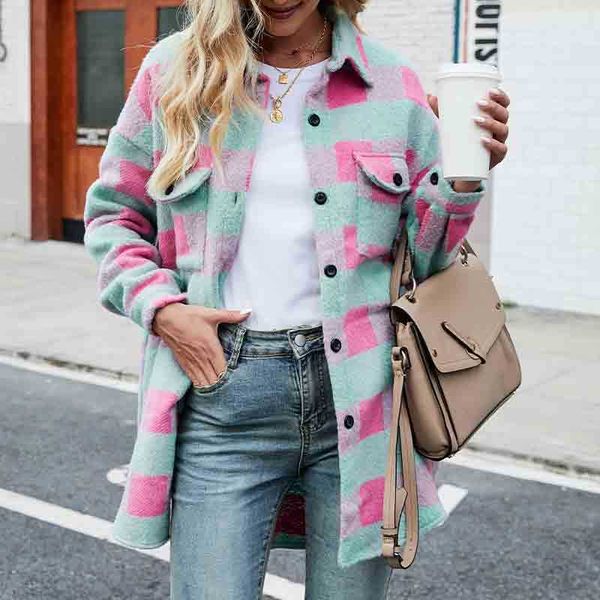 

plaid long women wool blend jackets coat autumn female coats long sleeve loose single breasted pockets fashion casual outwear 210924, Black