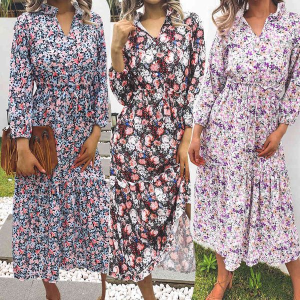

summer vintage puff sleeve lace up waist v-neck floral dress for women high waist ruffles midi print dress vestido 210514, Black;gray