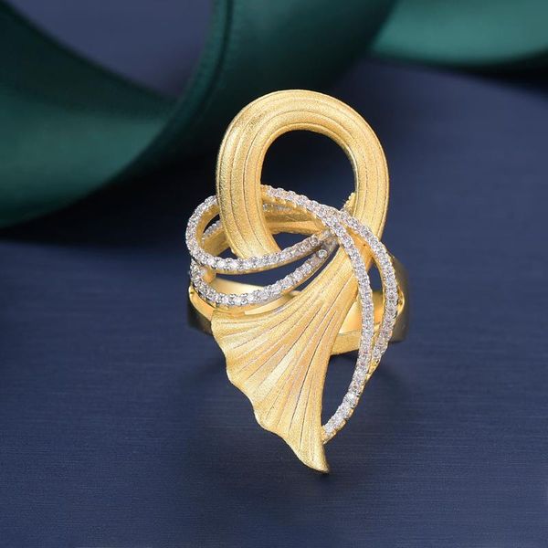 

cluster rings godki luxury ginkgo leaf cz cubic zircon for women bridal engagement wedding dubai gold finger, Golden;silver