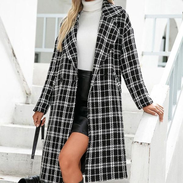 

women's wool & blends women fashion houndstooth woolen coat turn-down collar autumn jacket casual vintage loose streetwear female outwe, Black